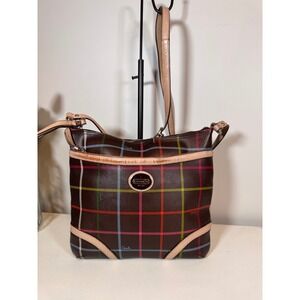 Coach Peyton Tattersall Brown Plaid Coated Canvas Crossbody Bag Tan Leather Trim